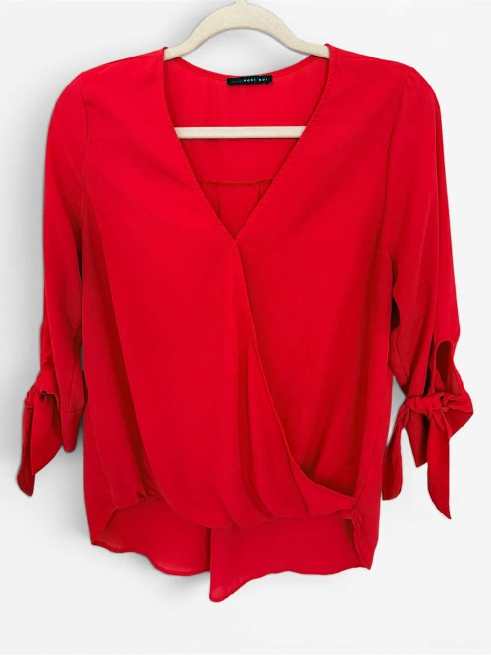West Kei Red Wrap Blouse with Tie Sleeves – Size Medium